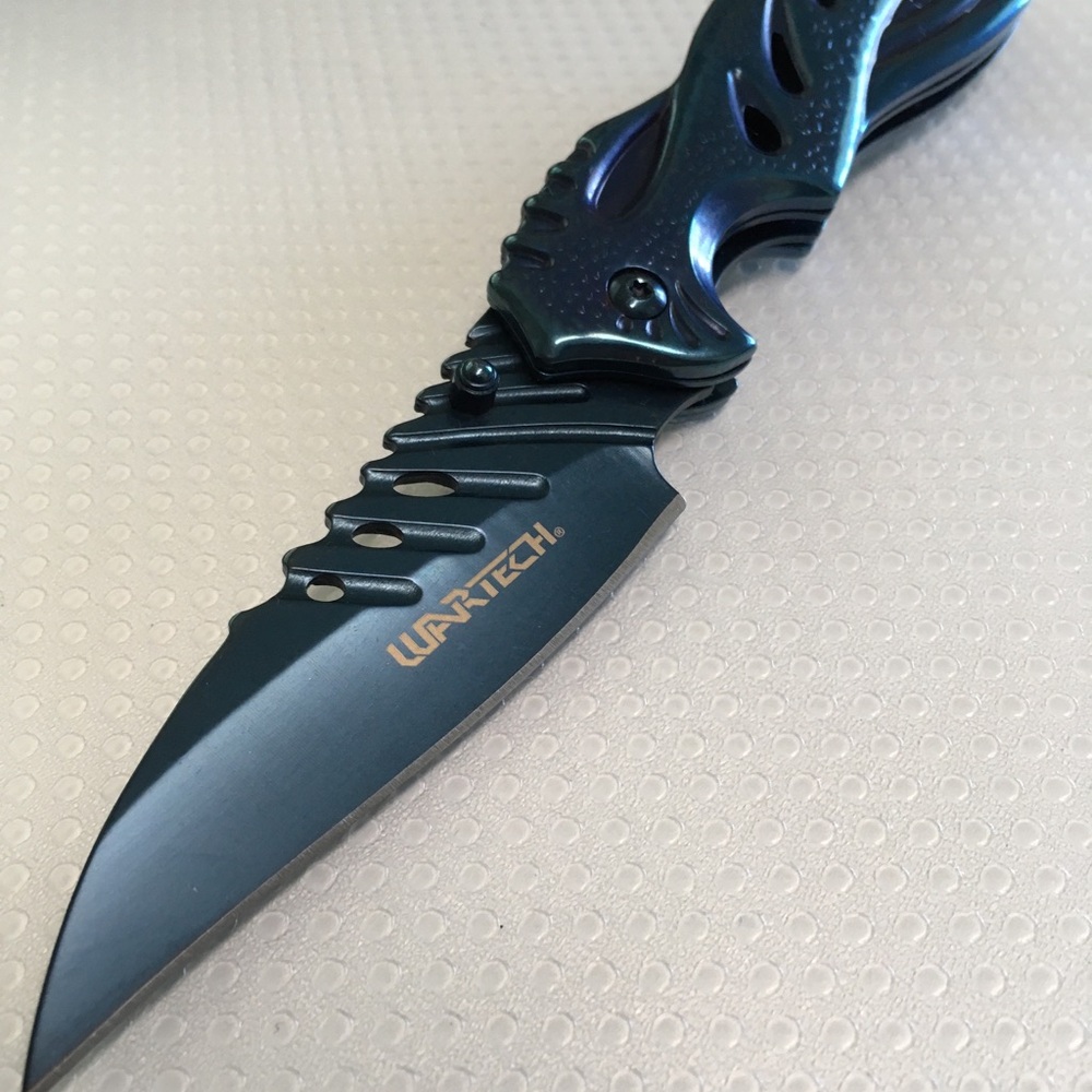 WarTech Blue Fantasy Spring Assist Folding Tactical Knife Wharncliffe 8.5” Blade